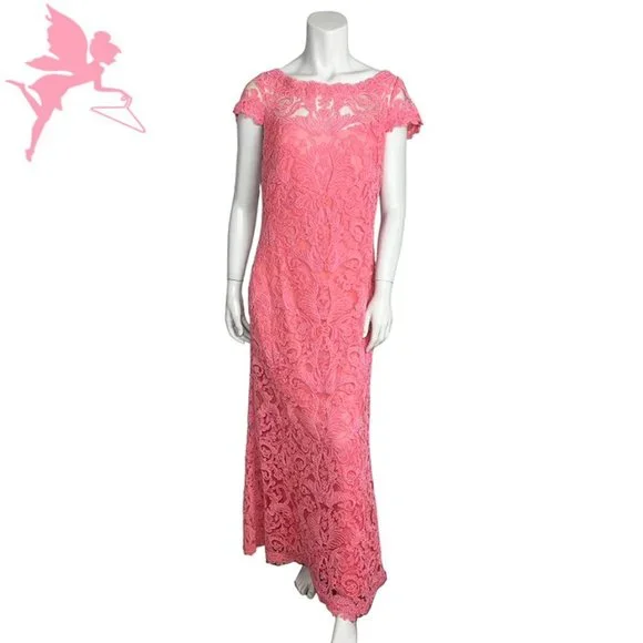 Tadashi Shoji | Dresses | Tadashi Shoji Pink Capsleeve Embroidered Lace Gown  | Poshmark